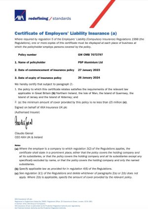 Employers Liability Insurance – PSP Aluminium