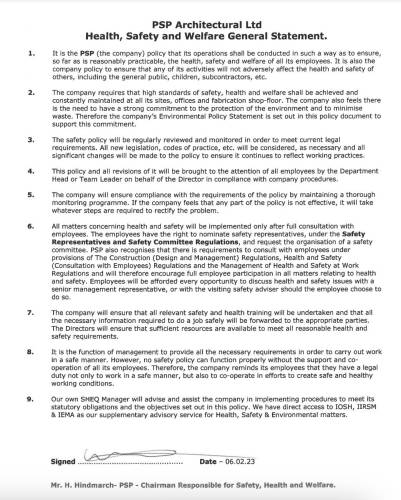 Health, Safety and Welfare General Statement – PSP Architectural title image