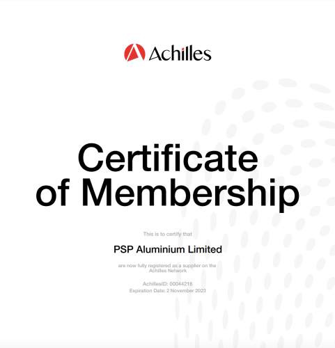 Achilles Advanced Certificate of Membership – PSP Aluminium title image