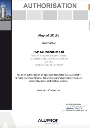 Aluprof Q Mark Authorisation Certificate – PSP Aluminium