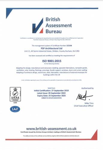 British Assessment Bureau Certificate ISO 9001:2015 – PSP Architectural title image